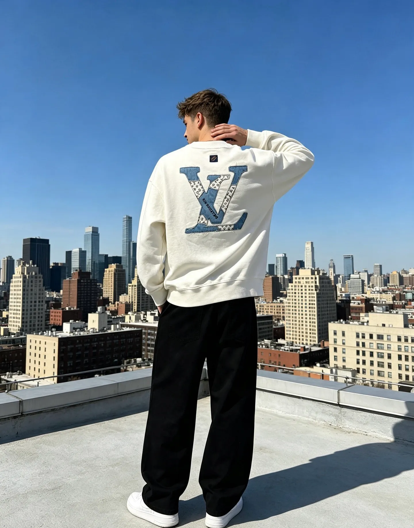 Louis Vuitton/Louis Vuitton denim patch letter embroidered crew neck sweatshirt